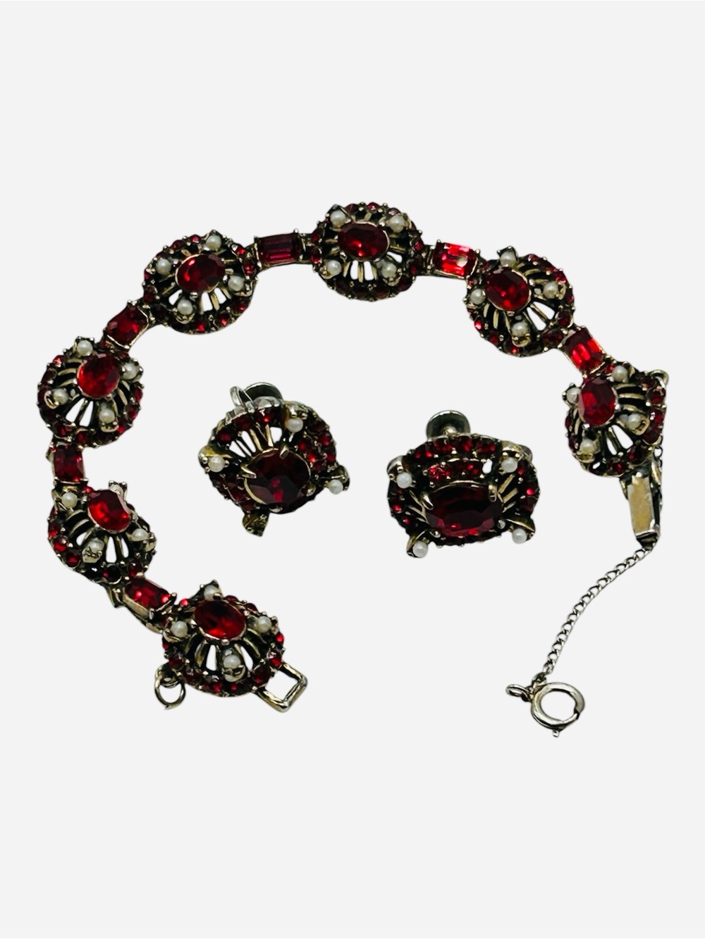 Vintage Hollycraft Red Rhinestone and Faux Pearl Bracelet and Earring Set